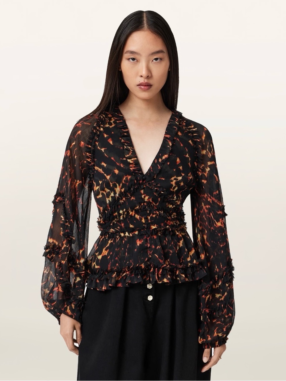 AllSaints Silvie Ruffled Top in "Pardus Flame Brown"